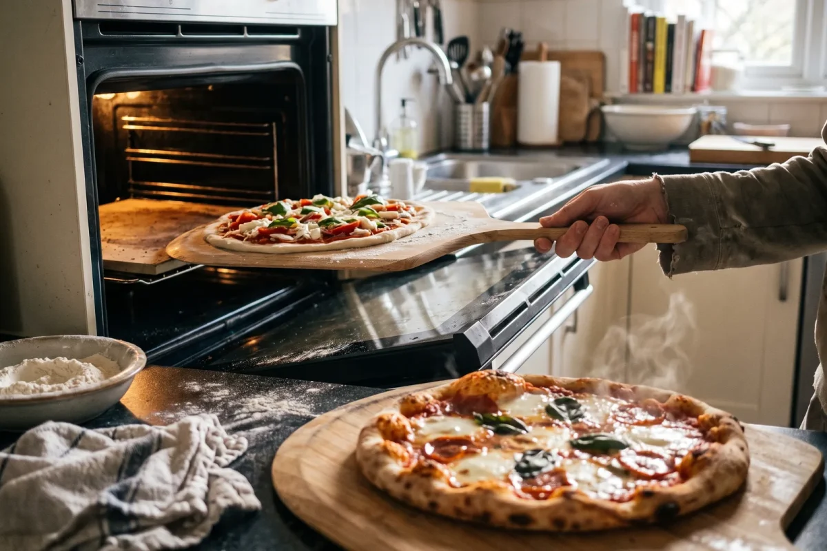 En hand skjuter in en pizza på en spade i ugnen medan en nygräddad pizza väntar på köksbänken