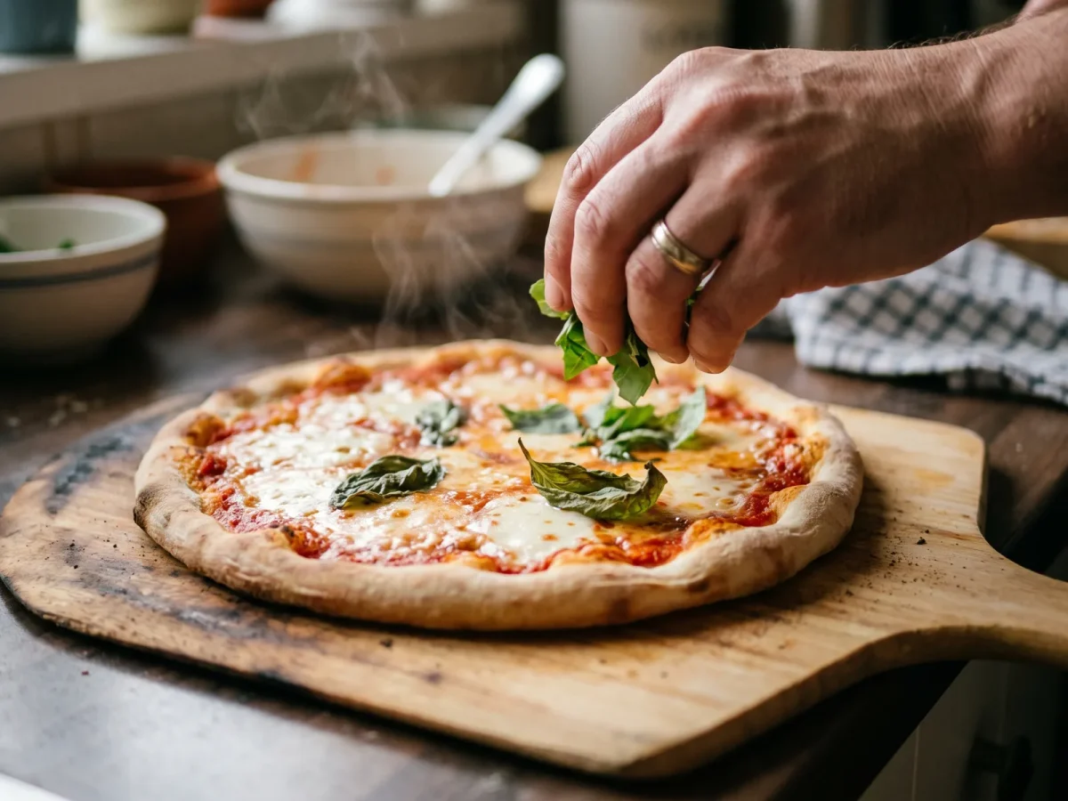 Färsk basilika på en nygräddad pizza, några blad lätt bryntade av ugnsvärmen