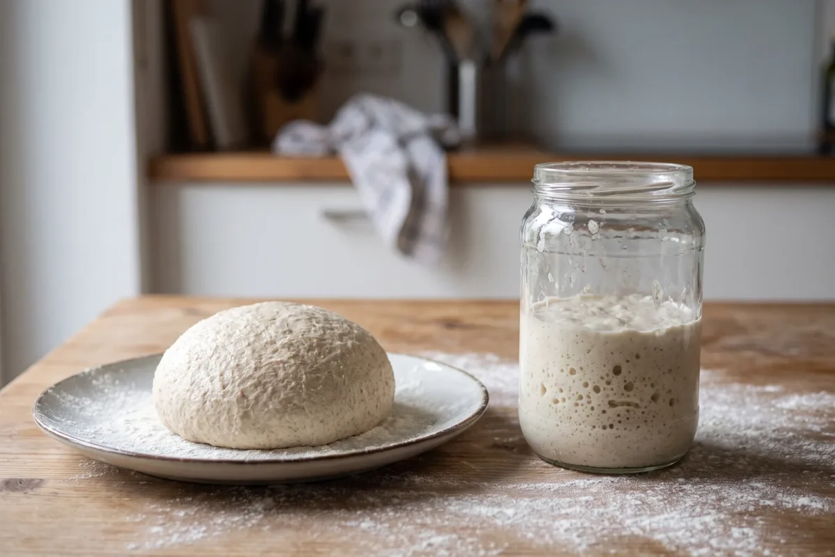 En stadig biga-deg och en bubblig poolish i glasburk sida vid sida på ett köksbord