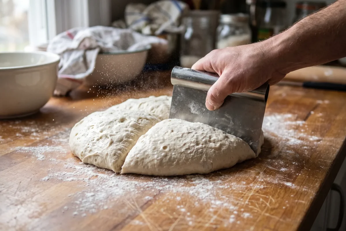En hand delar en stor jäst degsats med en degskrapa på ett mjölat bakbord