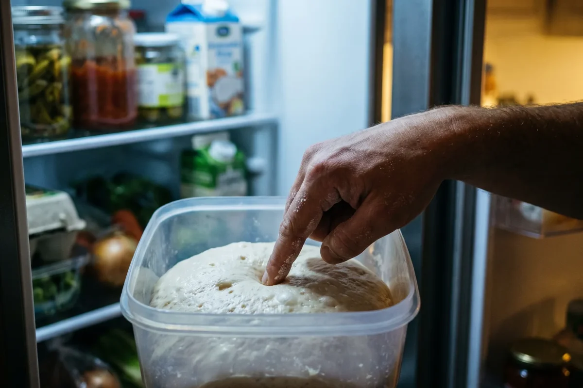 En hand trycker försiktigt på en kalljäst degboll i en plastback i kylskåpet