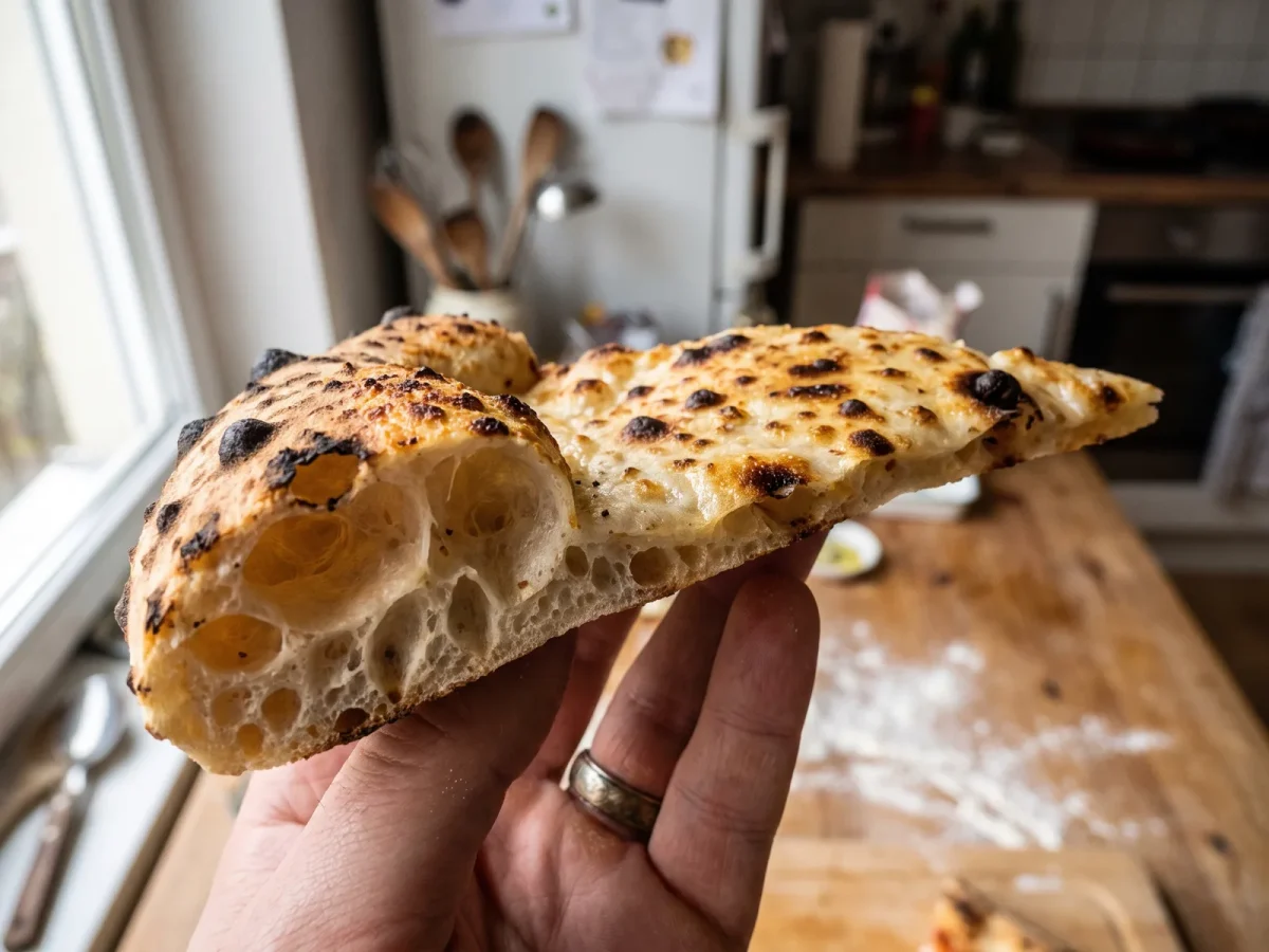 Napolitansk pizza med hög, bubblig cornicione i genomskuret läge