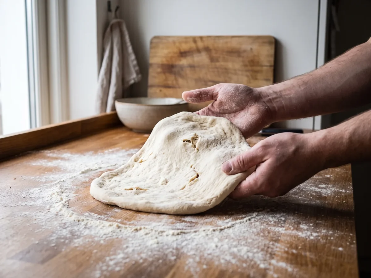 Pizzadeg som sjunker ihop under utbakning på ett mjölat bakbord