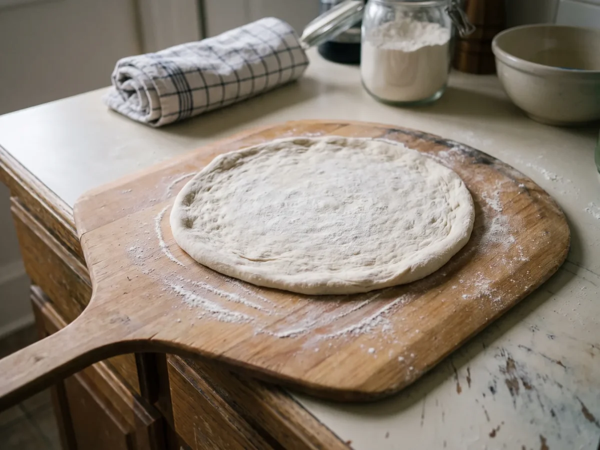 Mjölat pizzaspade redo för utbakad pizzadeg