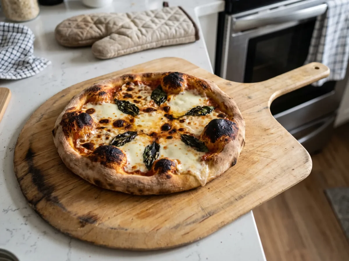 Pizza med mozzarella som fått mörka, brända fläckar i ugnen
