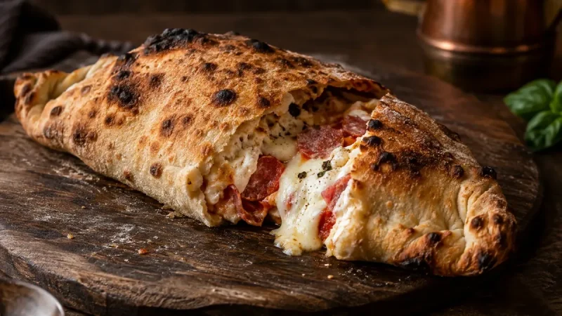 Napolitansk calzone, gyllene och uppblåst med tomatstrimma på ovansidan