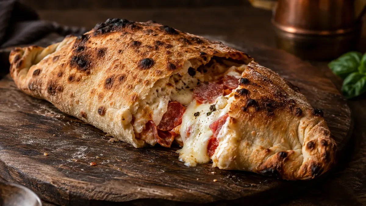 Napolitansk calzone, gyllene och uppblåst med tomatstrimma på ovansidan