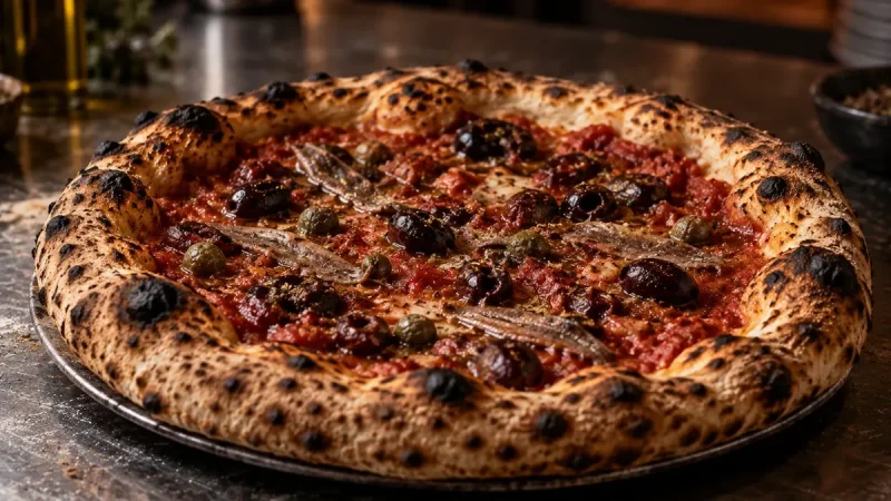 Pizza med sardellfiléer, kapris och svarta oliver på tomatsås med mörkfläckig kant