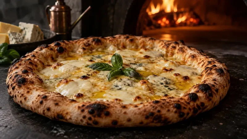 Vit pizza bianca med smält ost, olivolja och nymalen svartpeppar utan tomatsås