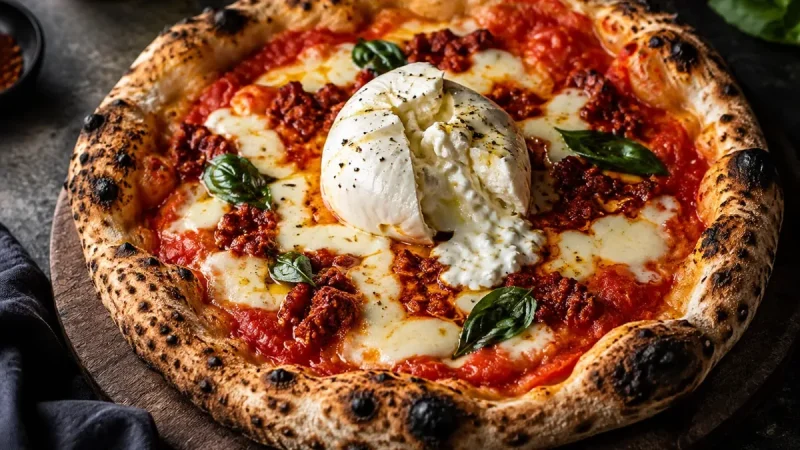 Pizza med hel burrata uppriven i mitten så att gräddig stracciatella rinner ut
