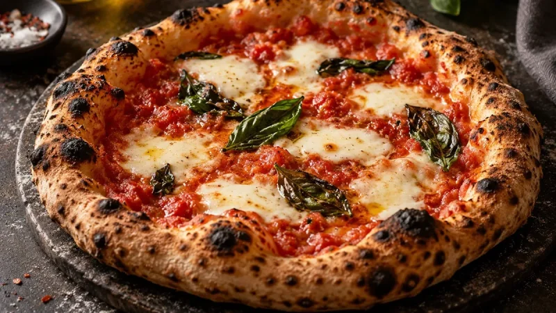 Capresepizza med skivad färsk tomat, mozzarella och basilika lagda på den nygräddade botten