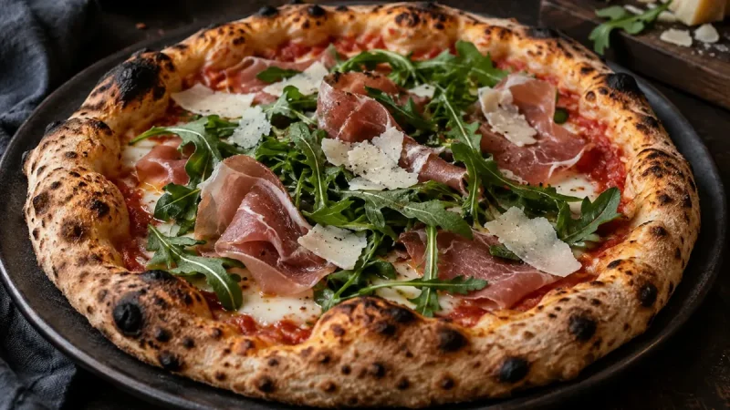 Pizza med lufttorkad skinka i veck och ruccola lagd på efter gräddning, med parmesanflisor