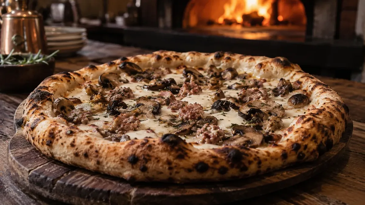 Funghi-pizza täckt av jämnt skivade champinjoner på gyllenbrun mozzarella