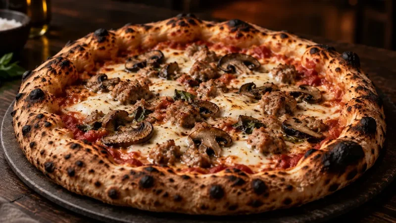 Pizza med torrstekt svamp och smulad salsiccia jämnt fördelade på smält ost