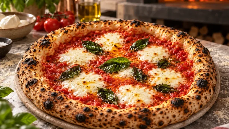 Margherita Extra med vita klickar buffelmozzarella, tomatsås och basilika på nygräddad pizza