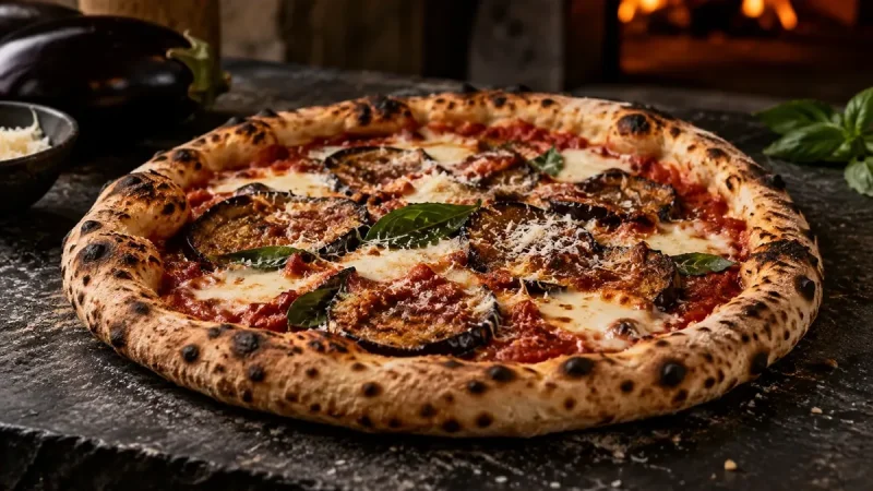 Pizza med grillade auberginskivor, tomatsås, mozzarella och basilika