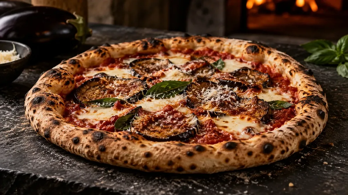 Pizza med grillade auberginskivor, tomatsås, mozzarella och basilika