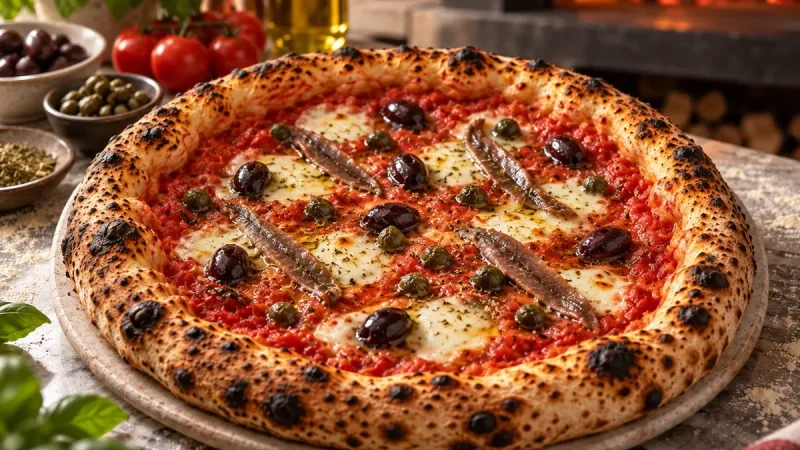 Napoli-pizza med mozzarella, sardellfiléer, svarta oliver och oregano på tomatsås