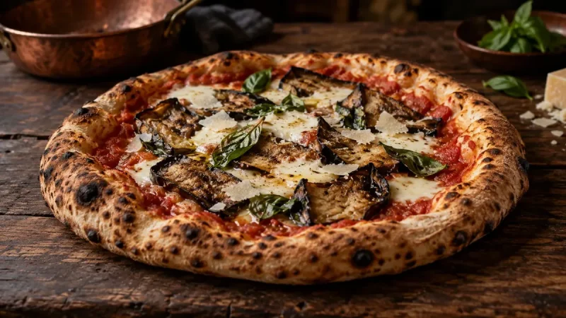 Parmigiana-pizza med skivor stekt aubergine, tomatsås, mozzarella och riven parmesan