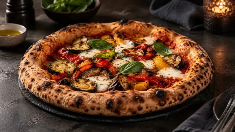 Primavera med färska grönsaksstrimlor och ruccola lagda på en nygräddad ljus pizza