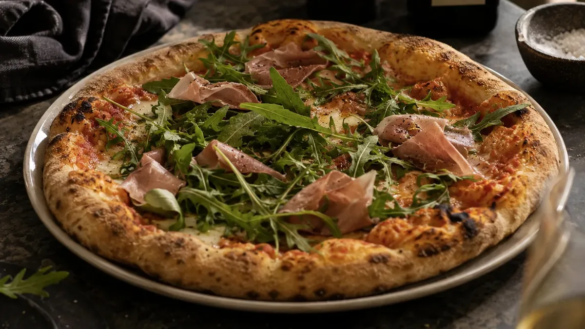 Pizza med veck av prosciutto crudo och några ruccolablad på nygräddad ost
