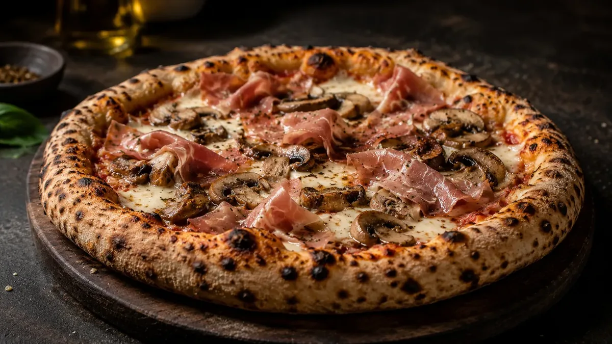 Prosciutto e funghi med kokt skinka och skivad champinjon på smält mozzarella