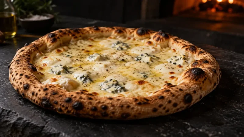 Quattro formaggi med fyra ostar som smält ihop till en gyllene yta utan tomatsås