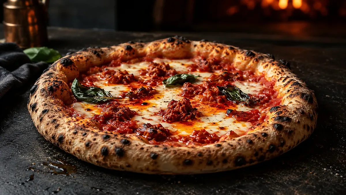 Pizza med skivor kryddstark italiensk salami som fått mörka, krispiga kanter i ugnen