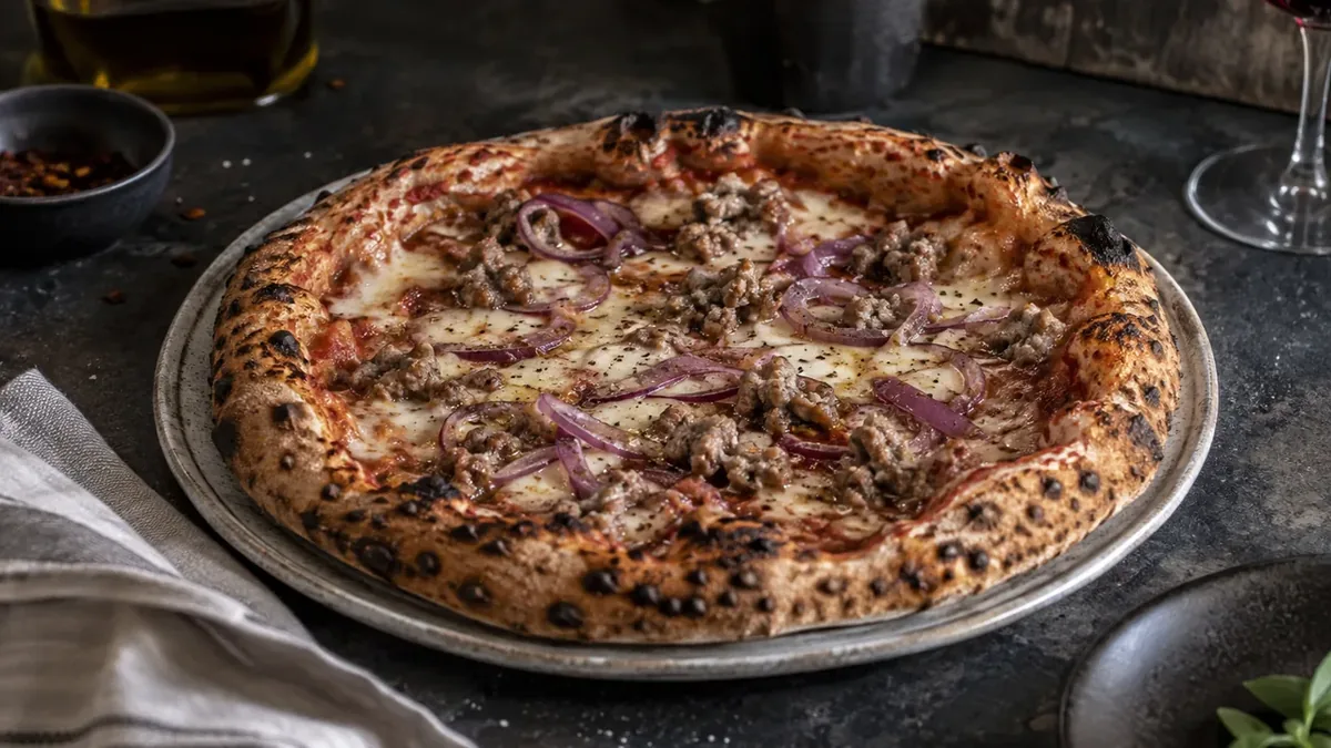Pizza med smulad salsiccia och mjuk gyllene lök på smält mozzarella