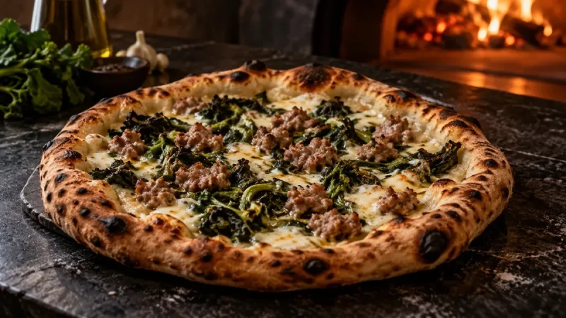 Salsiccia e friarielli med smulad korv och mörkgröna friarielli på vit pizzabotten