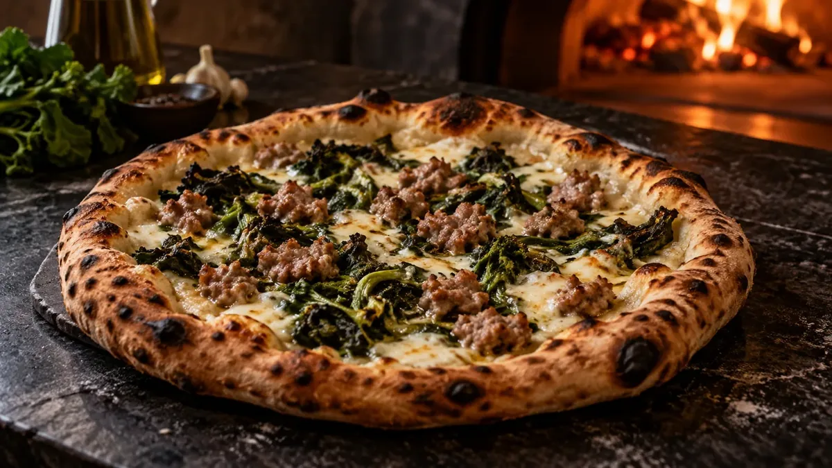 Salsiccia e friarielli med smulad korv och mörkgröna friarielli på vit pizzabotten