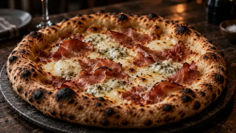 Pizza med gorgonzolaklickar och skivor rökt speck lagda på efter gräddning