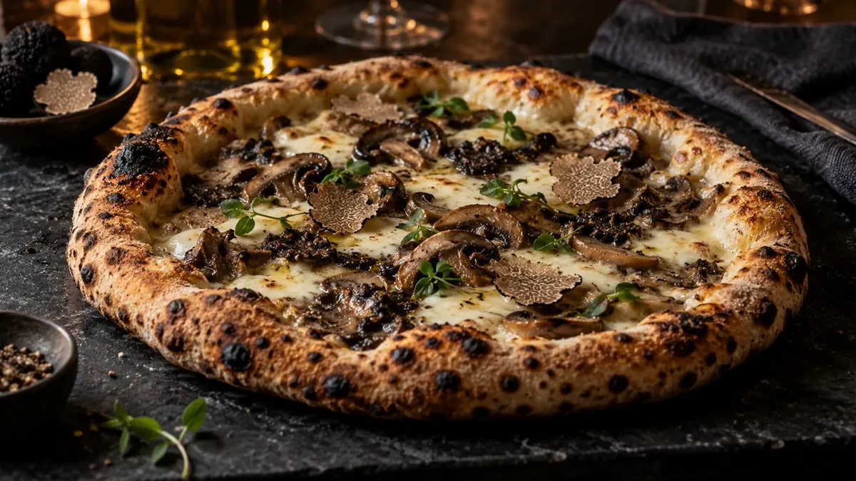 Tryffelpizza med svamp, riven ost och hyvlad tryffel på vit botten