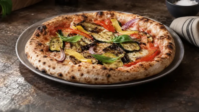Vegetarisk pizza med paprika, zucchini, lök och svamp i fält över smält mozzarella