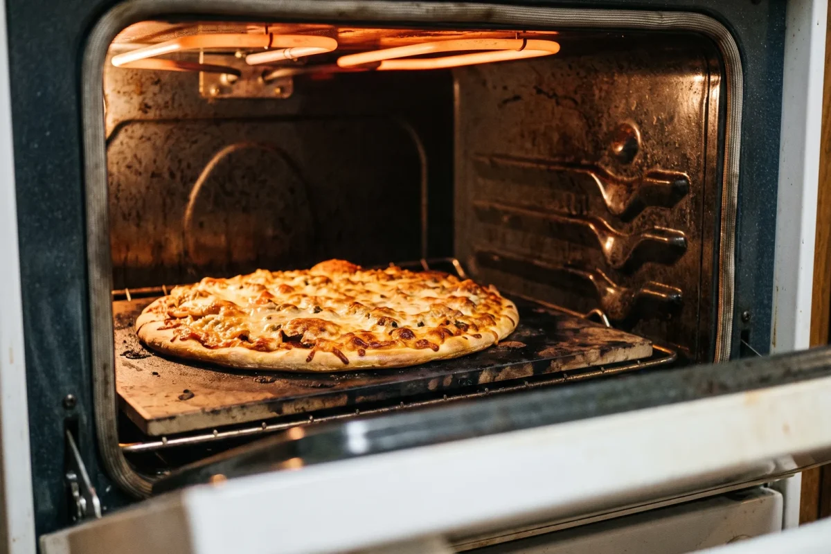 Insidan av en hemmaugn med grillelementet glödande rött ovanför en pizza med bubblande ost