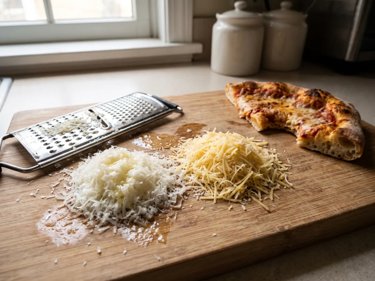 Riven pecorino och parmesan i varsin hög bredvid en nygräddad pizza