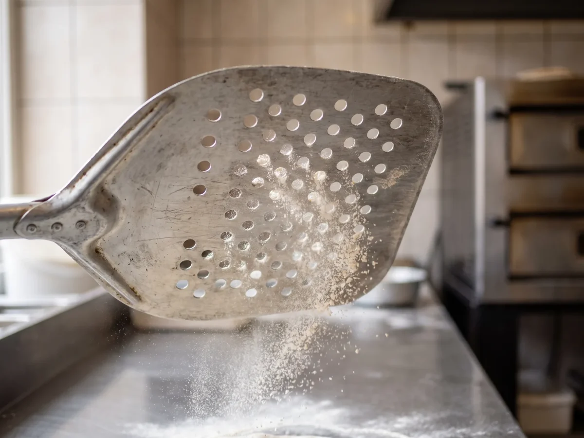 Närbild på en perforerad metallspade med mjöl som silas genom hålen
