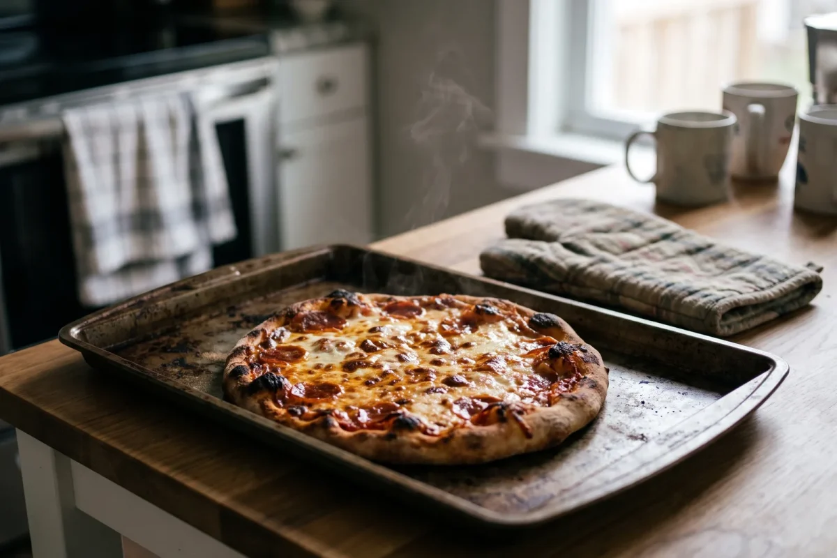 En hemmagjord pizza med smält ost precis uttagen från ugnen på en mörk bakplåt