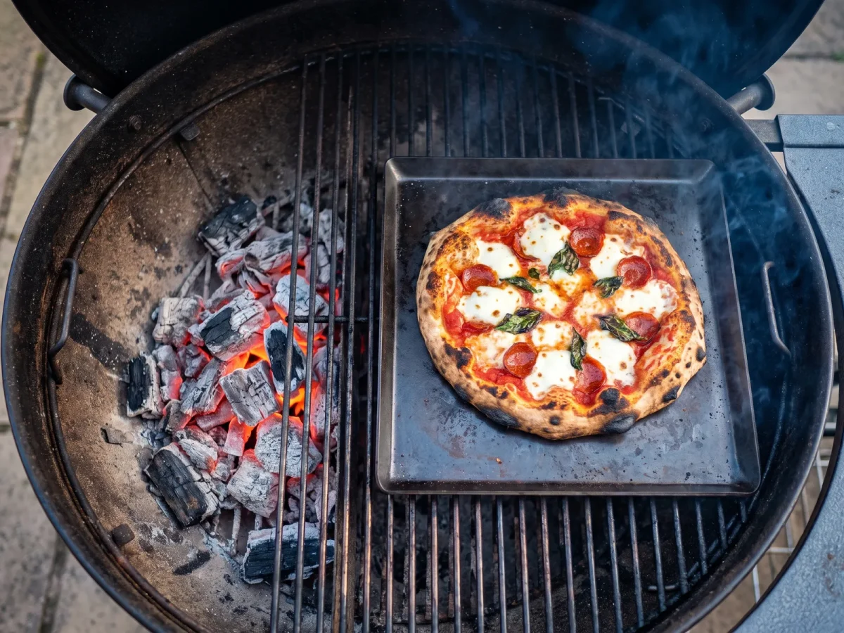 En kolgrill med indirekt värme, ett stålplåt och en pizza som gräddas på plåten