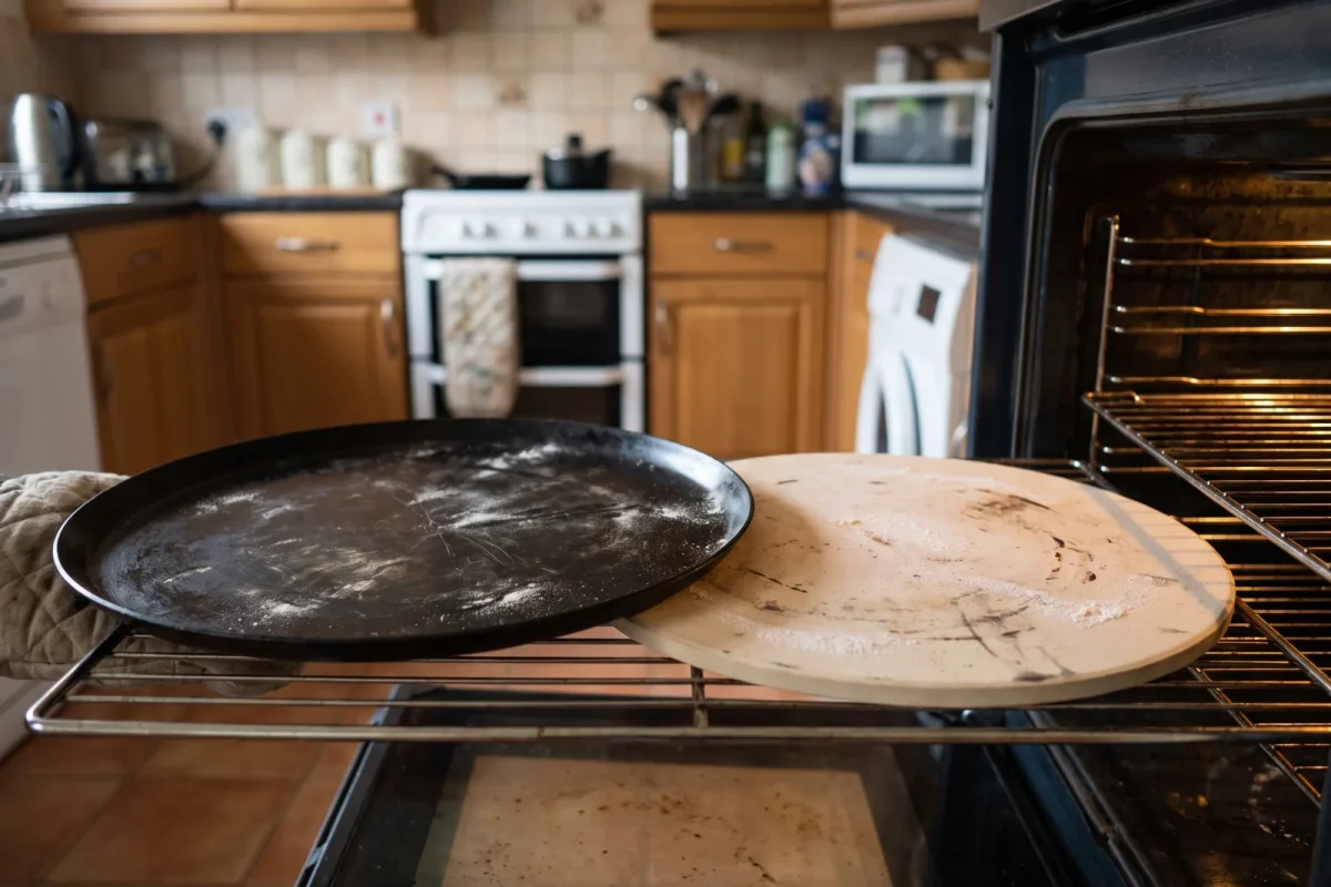 Ett svart pizzastål och en ljus pizzasten sida vid sida på en ugnsgaller