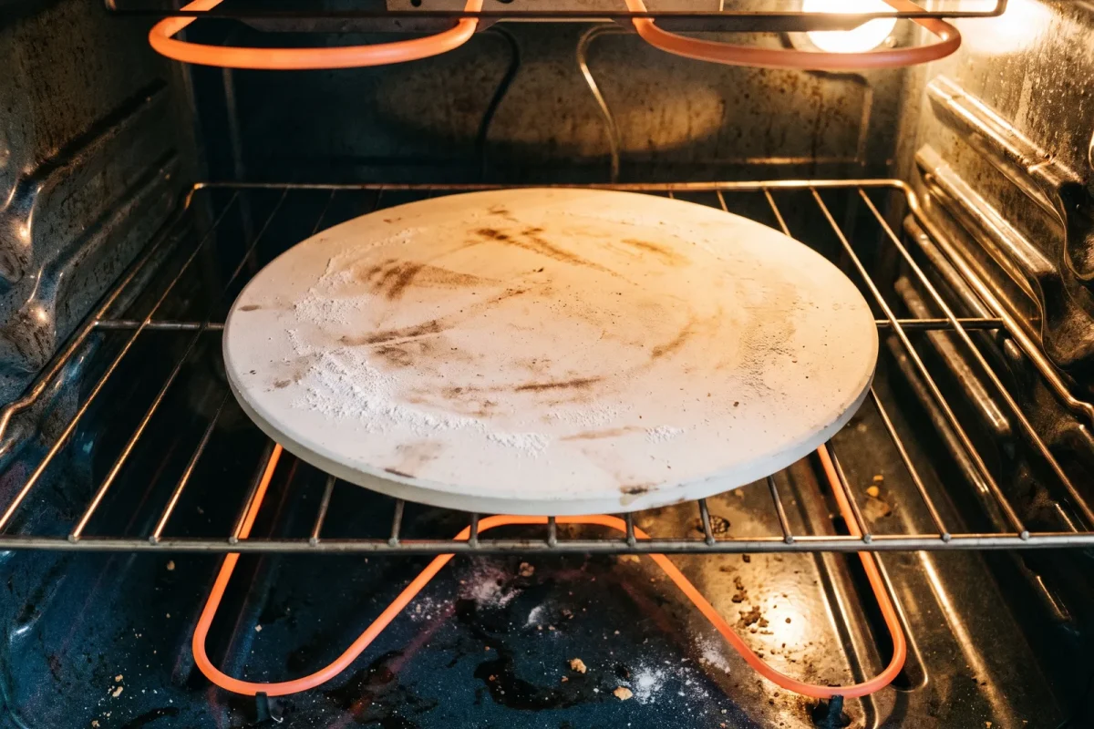 En rund kordieritsten som förvärms med ett varmt orange sken inne i en hemmaugn