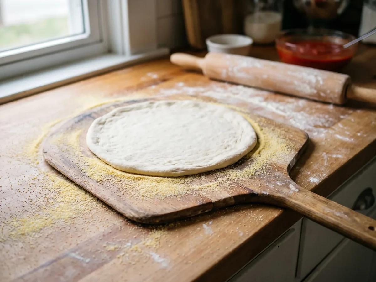 Pizzaspade med ett tunt lager grov semolina innan degen läggs på