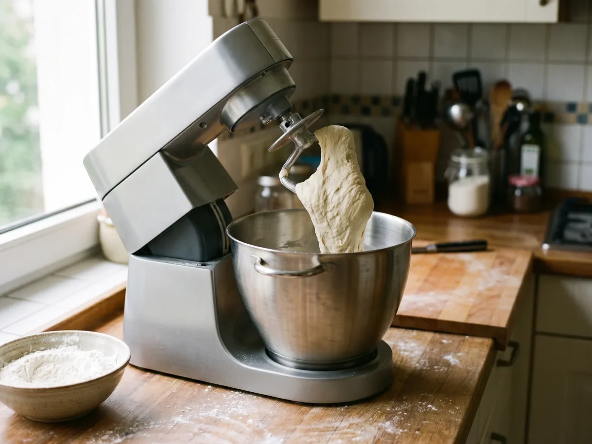 En köksmaskin med degkrok knådar en tjock pizzadeg i en stålskål