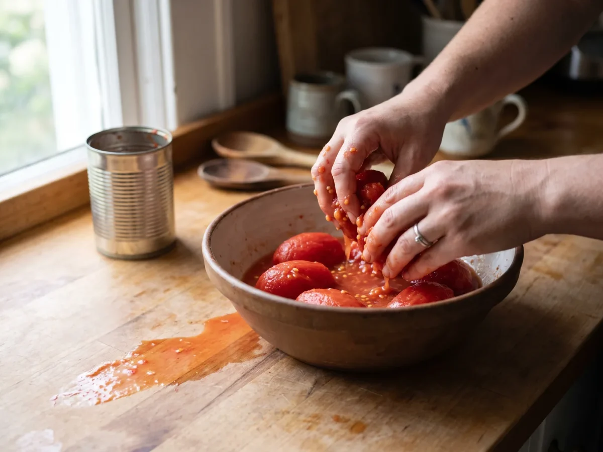 Burk med hela skalade tomater bredvid en skål med handkrossad tomatsås