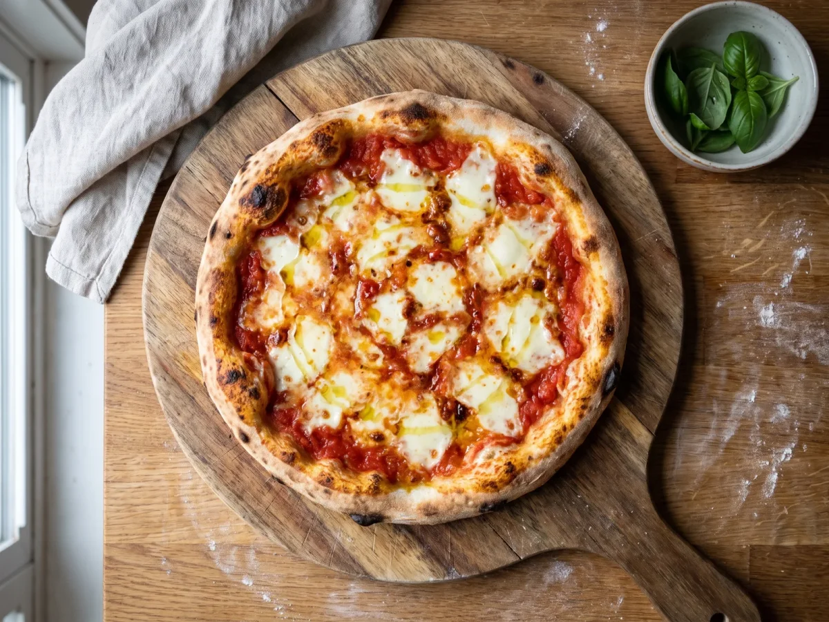 Napolitansk pizza med tydligt avvägd mängd tomatsås, mozzarella och olivolja