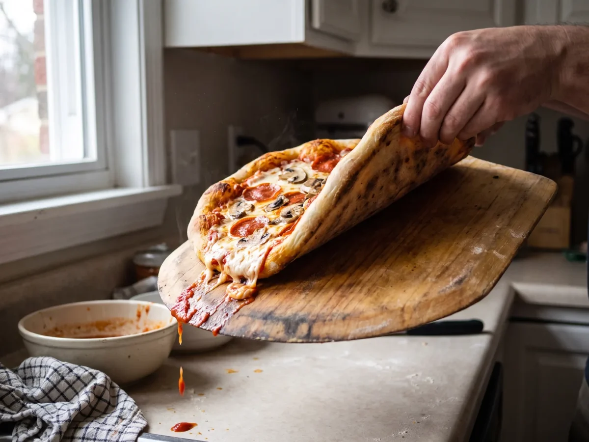 Pizza där toppingen glidit åt sidan när den lyfts från spaden