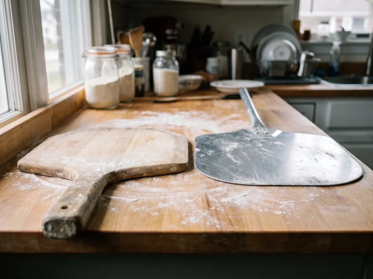 En träspade och en aluminiumspade sida vid sida på ett mjölat köksbord