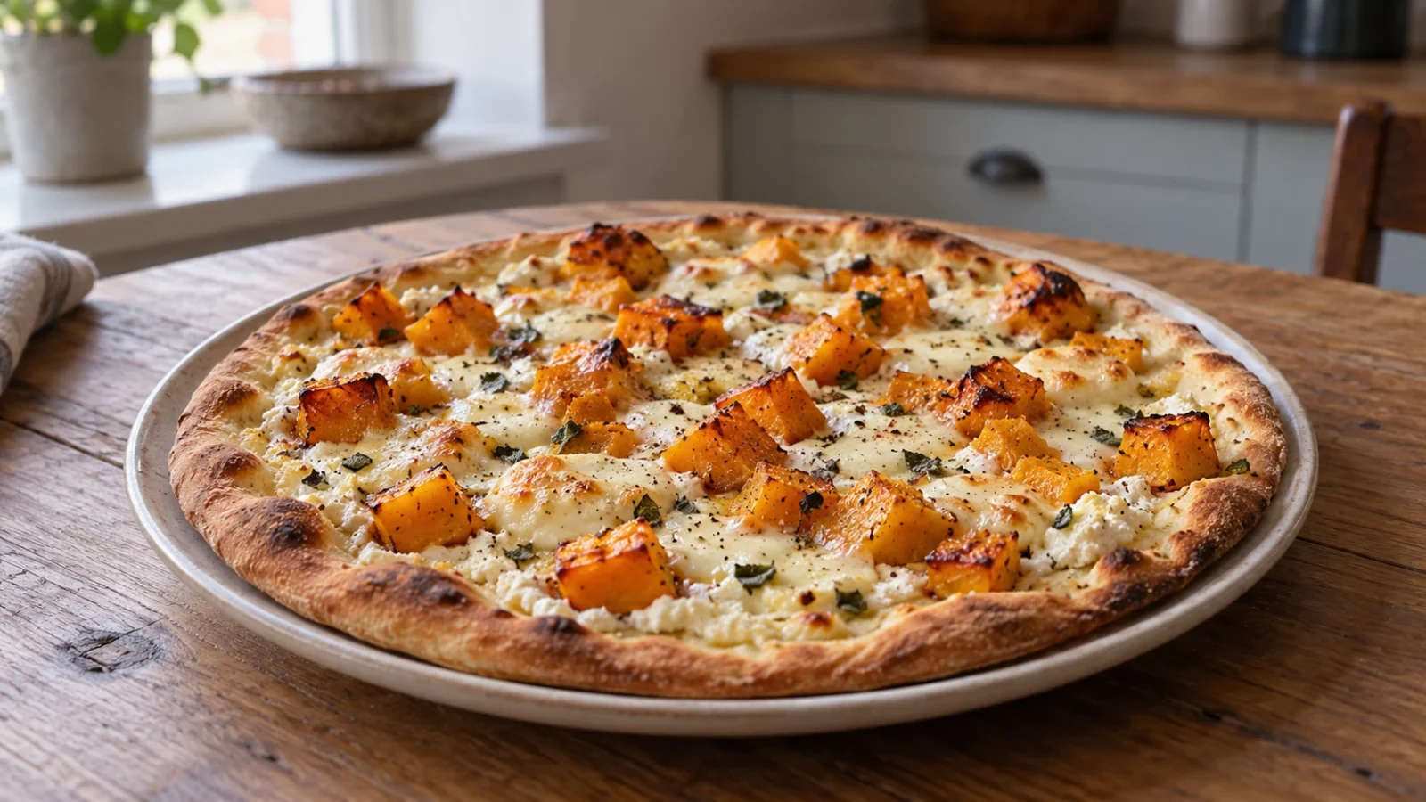 Pizza med rostad pumpa, mozzarella, ricotta och salvia på ett fat.